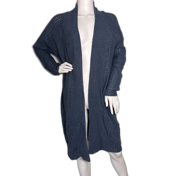 Say What NY Deep Charcoal Blue Open Front Knit Cardigan Cottage Sweater size L - Picture 1 of 8